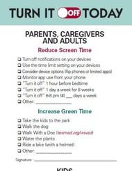 Checklist titled 'Turn It Off Today' with tips for parents and kids to reduce screen time and increase outdoor activities.