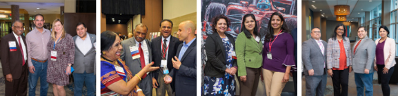 Group photos of diverse doctors networking at a business conference, wearing name badges and business attire.